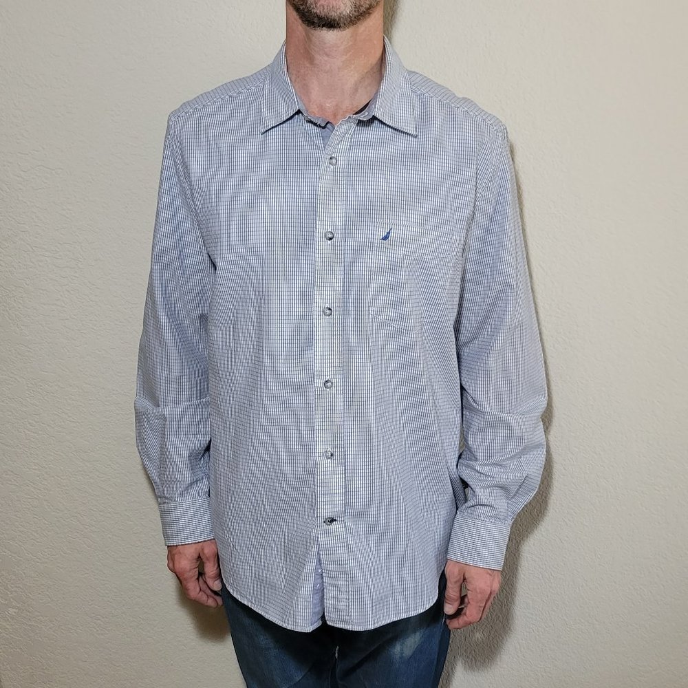 Nautica Mens Button Down Shirt Large Blue Check Plaid Cotton Long Sleeve Top